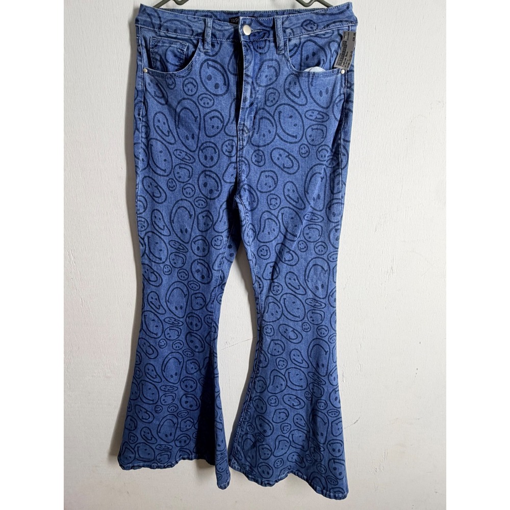 Fashion Nova Smiley Face Print Flare Jeans Blue High Rise Bell Bottoms Size 11